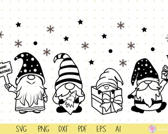 May include: Four black and white illustrations of gnomes with Christmas themes. One gnome holds a sign that says "Merry Christmas". Another gnome holds a gift box. The other two gnomes are holding Christmas trees.