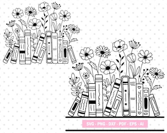 Peut inclure: Illustration en noir et blanc d'une pile de livres avec des fleurs qui poussent autour. Les livres sont empilés en forme de demi-cercle avec les fleurs qui poussent vers le haut et autour des livres. Les fleurs sont simples et stylisées.