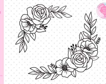 May include: Black and white line art floral corner design with roses and leaves. This design is perfect for creating a border or frame for a wedding invitation, scrapbook page, or other craft project.
