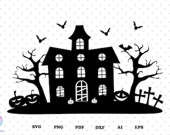 Haunted House Svg, Halloween Svg. Halloween Cut File For Cricut, Halloween Scene Svg, Halloween Silhouette. Happy Halloween Svg , Ghost Svg