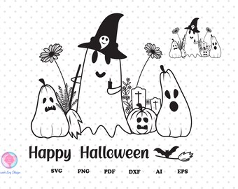 Halloween Svg, Cute Halloween Wildflowers Svg, Halloween Pumpkin Svg, Halloween Ghost Svg, Halloween Silhouette Svg, Pumpkin, Ghost, Flower.