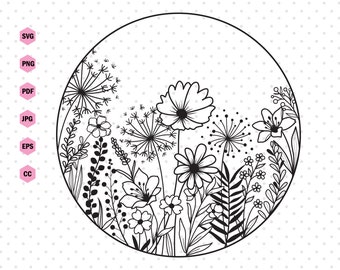 Wildblumen Svg, Wildblumen Wiesenrand svg, Blumen svg, handgezeichnete Blumen und Blätter Svg, Wildblumen svg Clipart, Blumen svg Schnittdateien.