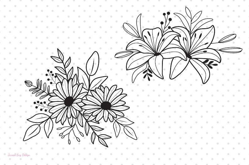 Pu&ograve; includere: Due disegni in bianco e nero di mazzi di fiori. Il primo mazzo presenta gigli con petali lunghi e sottili e foglie. Il secondo mazzo presenta margherite con petali arrotondati e foglie.