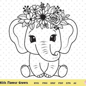 Puede incluir: Un dibujo en blanco y negro de un elefante de dibujos animados con una corona de flores. El elefante está sentado con las piernas cruzadas y tiene ojos grandes y redondos.