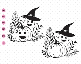 Pumkin With Flower Svg, Flower Ghost Svg, Halloween Svg, Ghost Svg, Pumpkin Svg, Fall Svg Design, Autumn Svg, Flower Pumpkin Svg Cut Files.