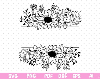 Könnte beinhalten: Schwarzweißes Blumenmuster mit zwei Zeilen für Text. Das Design zeigt Sonnenblumen, Blätter und andere Blumen.