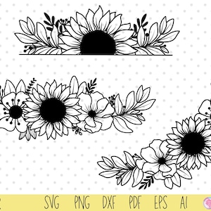 Peut inclure: Silhouette noire et blanche d'une couronne de tournesols avec des feuilles et des fleurs plus petites. La couronne est dans trois styles différents : un cercle complet, un demi-cercle et un croissant.