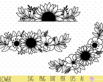 Frontera de girasol svg.Paquete de girasol Medio girasol svg Monograma de girasol Svg,Split Girasol Svg,Archivo SVG para Cricut,silueta,png. svg