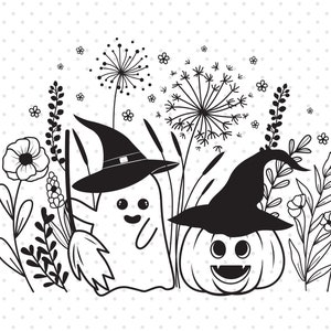 May include: Black and white illustration of a ghost wearing a witch hat and holding a broom, and a pumpkin wearing a witch hat. Both are surrounded by flowers and plants.