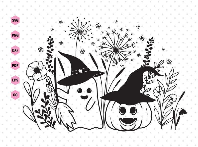 May include: Black and white illustration of a ghost wearing a witch hat and holding a broom, and a pumpkin wearing a witch hat. Both are surrounded by flowers and plants.