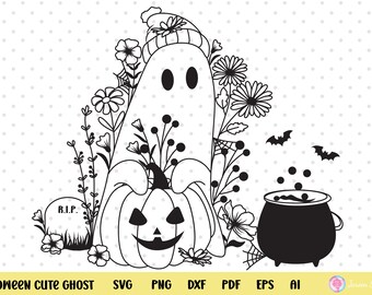 Halloween in formato Svg, fiori di campo di Halloween in formato Svg, zucca di Halloween in formato Svg, fantasma spettrale in formato Svg, sagoma in formato Svg, zucca, fantasma carino, fantasma di fiori in formato Svg.
