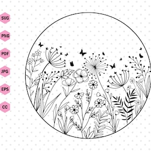 Può includere: Illustrazione in bianco e nero di un cerchio pieno di vari fiori e farfalle. I fiori sono stilizzati e includono dente di leone, piccoli fiori e foglie.