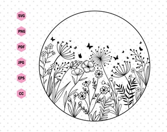 Flower meadow Svg, WildFlower Svg, Flower svg, Wildflower, Flower svg cut files, Botanical line drawing and doodle, Digital files, Svg ,Dxf.