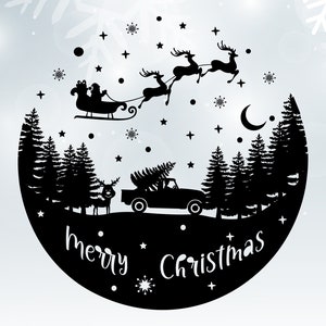 Merry christmas svg, Santa Flying Night, Christmas Night Scene Santa and Reindeer Svg, winter Scene Svg ,Snowflakes, Christmas Night.