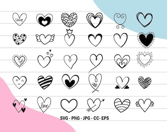 30Hearts svg, Hand drawn doodle heart shape svg files, Heart Svg, Valentine, Love, Heart Svg Bundle, Heart svg files for cricut, Svg, Png.
