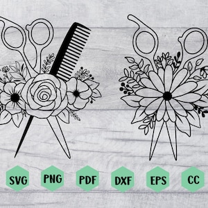 May include: Two black and white illustrations of hairdressing tools. The first illustration shows a pair of scissors and a comb with a floral design. The second illustration shows a pair of scissors with a floral design.