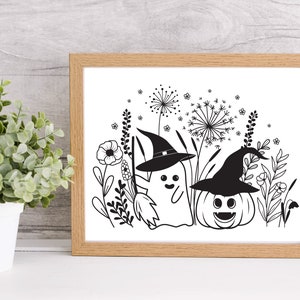 May include: Black and white illustration of a ghost wearing a witch hat and a pumpkin wearing a witch hat in a field of flowers.