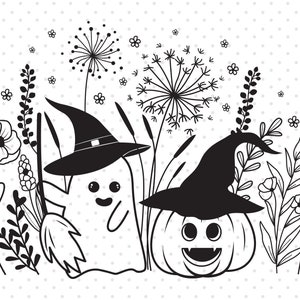 May include: Black and white illustration of a ghost and a pumpkin wearing witch hats in a field of flowers. The ghost is holding a broom and the pumpkin has a friendly face.