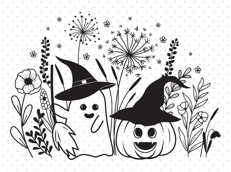 May include: Black and white illustration of a ghost and a pumpkin wearing witch hats in a field of flowers. The ghost is holding a broom and the pumpkin has a friendly face.