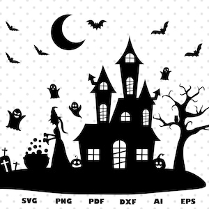 Haunted House Svg, Halloween Svg. Halloween Schnittdatei für Cricut, Halloween Szene Svg, Halloween Silhouette. Happy Halloween Svg, Ghost Svg.