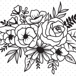 Puede incluir: Un dibujo en blanco y negro de un ramo de flores. El ramo incluye rosas, margaritas y otros elementos florales.