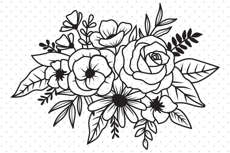 Puede incluir: Un dibujo en blanco y negro de un ramo de flores. El ramo incluye rosas, margaritas y otros elementos florales.