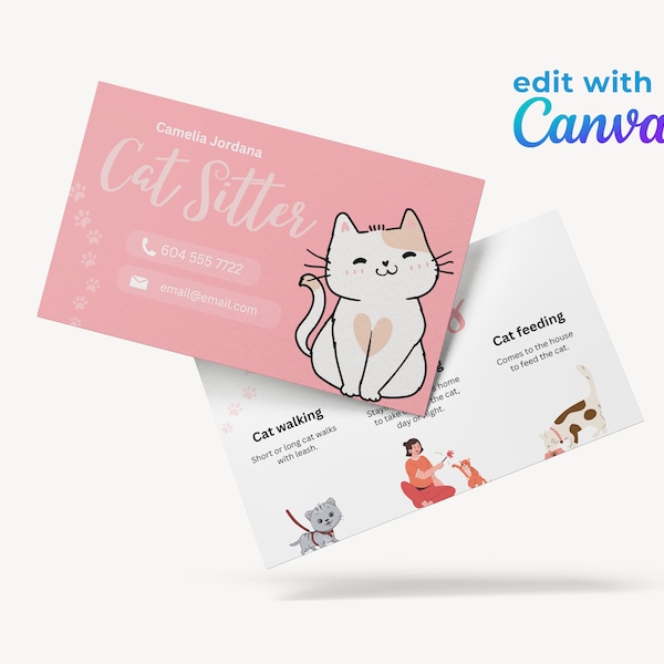 Cat Sitter Template Business Card Contact info card, pink and white, colorful with illustrations, edit with canva