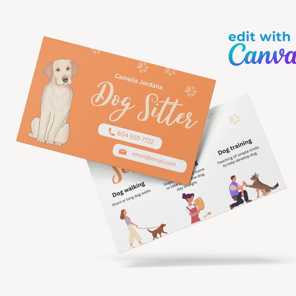 Dog Sitter Business Card Contact info card, orange and white, colorful with illustrations, edit with canva