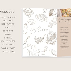 Puede incluir: Un libro de cocina con una cubierta beige y una ilustraci&oacute;n dibujada a mano de comida en la portada. El t&iacute;tulo del libro de cocina es "Entries". El texto en el lado derecho de la p&aacute;gina dice "The Best Lasagna" y enumera los ingredientes para la receta.