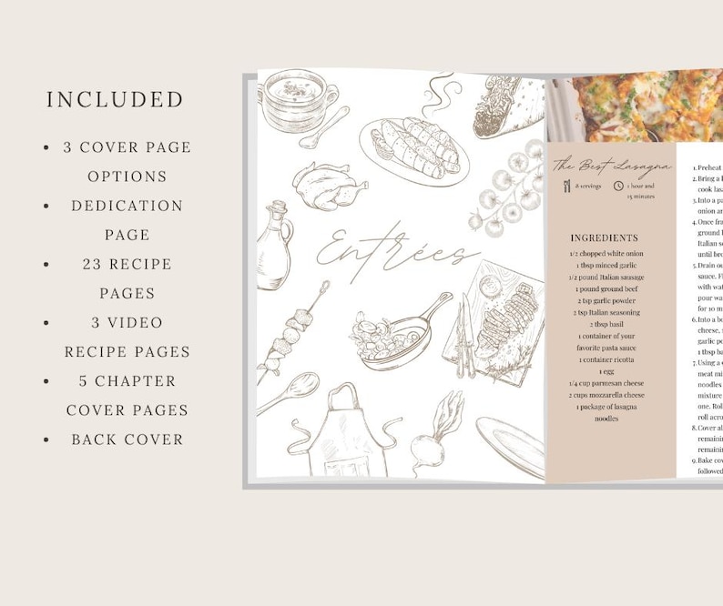 Puede incluir: Un libro de cocina con una cubierta beige y una ilustraci&oacute;n dibujada a mano de comida en la portada. El t&iacute;tulo del libro de cocina es "Entries". El texto en el lado derecho de la p&aacute;gina dice "The Best Lasagna" y enumera los ingredientes para la receta.