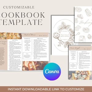Puede incluir: Una plantilla de libro de cocina personalizable con un fondo beige. La plantilla presenta una p&aacute;gina de t&iacute;tulo con el texto "RECETAS" en un c&iacute;rculo con un dise&ntilde;o floral. La plantilla tambi&eacute;n incluye p&aacute;ginas para recetas con secciones para ingredientes, instrucciones y una foto del plato. La plantilla est&aacute; dise&ntilde;ada para ser utilizada con Canva.