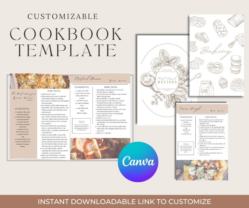 Puede incluir: Una plantilla de libro de cocina personalizable con un fondo beige. La plantilla presenta una p&aacute;gina de t&iacute;tulo con el texto "RECETAS" en un c&iacute;rculo con un dise&ntilde;o floral. La plantilla tambi&eacute;n incluye p&aacute;ginas para recetas con secciones para ingredientes, instrucciones y una foto del plato. La plantilla est&aacute; dise&ntilde;ada para ser utilizada con Canva.