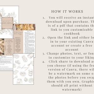 Puede incluir: Una descarga digital de un libro de cocina personalizable con un dise&ntilde;o floral r&uacute;stico. La imagen muestra una vista previa de las p&aacute;ginas del libro de cocina, incluidas recetas de pan de masa madre y otros productos horneados. El texto "C&oacute;mo funciona" se muestra con instrucciones sobre c&oacute;mo personalizar el libro de cocina usando Canva.
