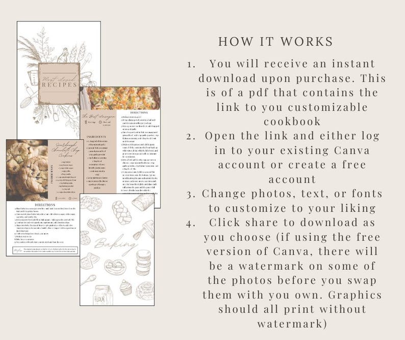 Puede incluir: Una descarga digital de un libro de cocina personalizable con un dise&ntilde;o floral r&uacute;stico. La imagen muestra una vista previa de las p&aacute;ginas del libro de cocina, incluidas recetas de pan de masa madre y otros productos horneados. El texto "C&oacute;mo funciona" se muestra con instrucciones sobre c&oacute;mo personalizar el libro de cocina usando Canva.