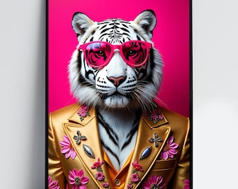 White Tiger Art Print: Maximalist Fashionista Animal Portrait (Digital Download)