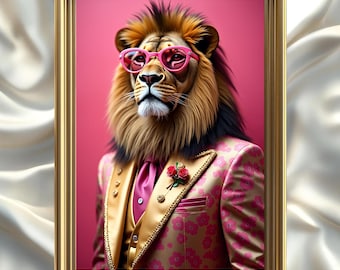 Pink Lion Portrait Print: Quirky Western Animal Art (Digital Download)