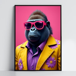 Gorilla Animal Portrait Art Print Funky Gorilla Fashion Art Funny Animal Portrait Altered Art Print Preppy Room Decor Maximalist Digital Art