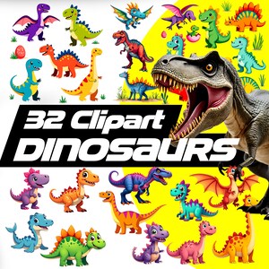 32 Dinosaurs Clipart, Sublimation Design, Kids Png, Cute Dinosaur, T-Rex Dinosaur Png, Colorful Design, Kids Shirt Design, Digital Download