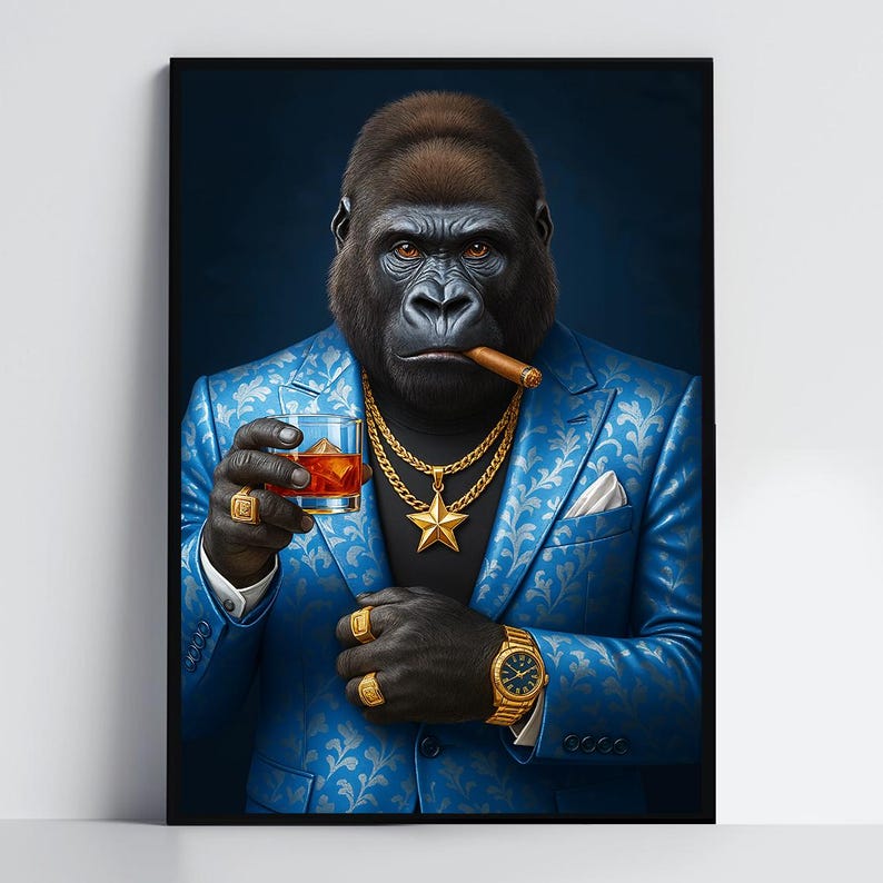 Image showcasing Gorilla Wall Art - Luxury Ape Poster, Fashion Art Funny Animal Portrait ...