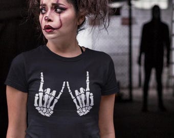 Skeleton Rock Hand T-Shirt: Gothic Heavy Metal Music Tee
