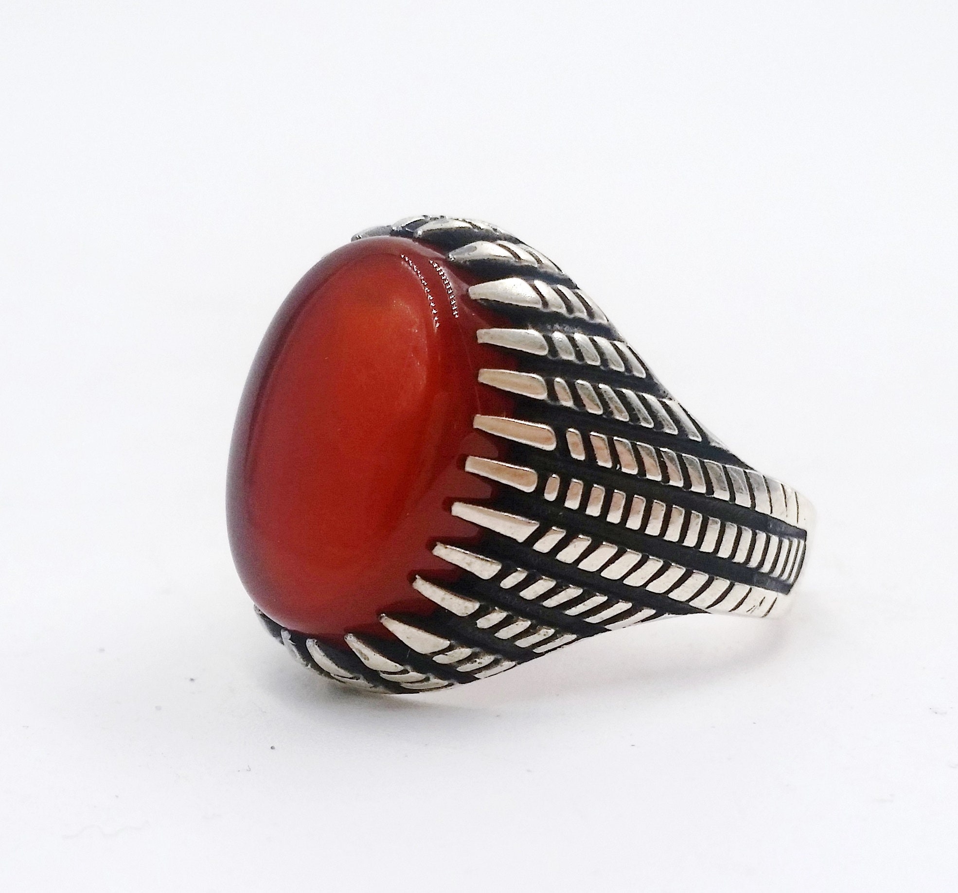 Men's Red Agate Gemstone Sterling Statement Ring Engraved Etsy