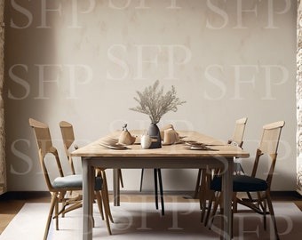 May include: A wooden dining table with four chairs, set for a meal. The table has a light wood finish and the chairs are a dark wood with a light gray fabric seat. A vase with dried flowers sits in the center of the table.