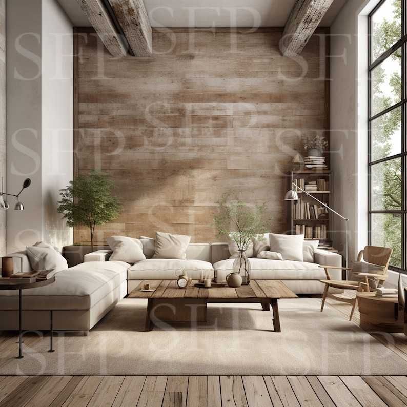 May include: A white sectional sofa with a wooden coffee table in a living room with a wood wall and a large window.