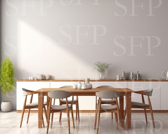 May include: A modern dining room set with a wooden table and six chairs. The chairs have gray upholstered seats and wooden frames. A white cabinet with a wooden countertop is against the wall, with decorative items on top. A potted plant is on the left.