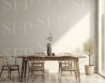 May include: A wooden dining table with four chairs, a vase with dried flowers, and a small potted plant. The table and chairs are a light brown color, and the vase and plant are a dark brown color. The room has a light gray wall and a large window.