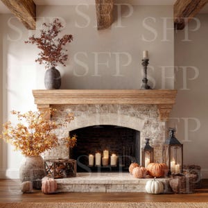 May include: A cozy fireplace scene with a stone facade, wooden mantel, and decorative elements. The mantel holds a vase with fall foliage, a candlestick, and pumpkins. The hearth features lit candles, lanterns, and more pumpkins, creating a warm autumn ambiance.