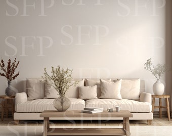 May include: A light beige sofa with white pillows sits in a living room with a wooden coffee table and a vase of dried flowers. The room has a light beige wall and a wooden floor.
