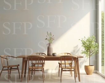 May include: A wooden dining table with four chairs, a vase of flowers, and a potted plant. The table is set with a bowl of fruit and a plate. The room is painted a light blue color and has a large window.