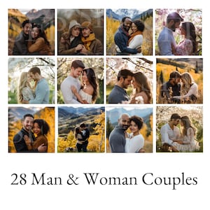 May include: A collage of 28 photos featuring couples in various outdoor settings. The couples are standing, sitting, and hugging in front of a variety of backgrounds, including trees, mountains, and fields. The photos are all in color and are arranged in a grid pattern.