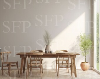 May include: A wooden dining table with four chairs, a vase of dried flowers, and a pitcher and two cups on the table. The table is set in a room with a large window and a potted plant.